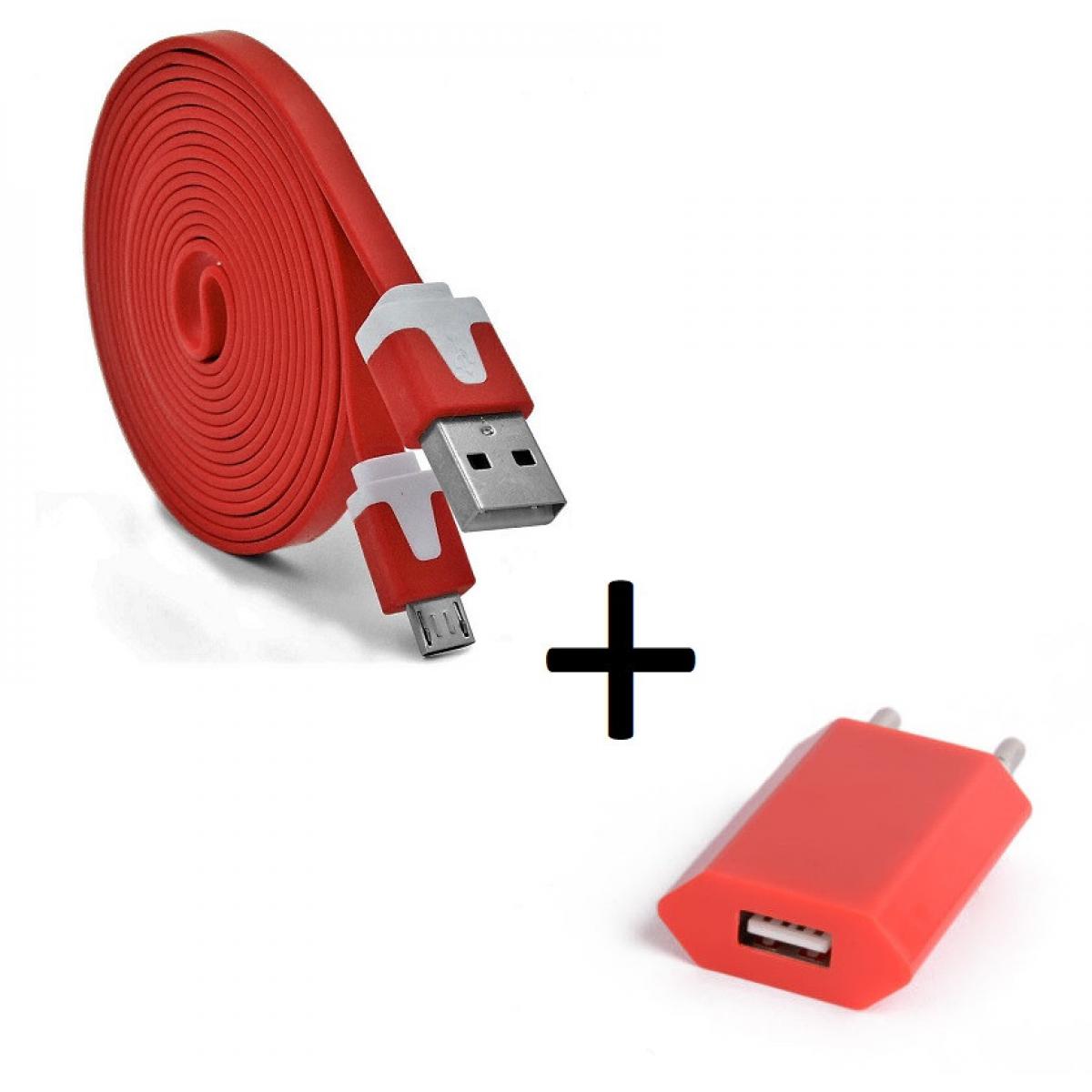 Shot - Pack Chargeur pour WIKO View 2 Plus Micro USB (Cable Noodle 3m + Prise Secteur Couleur USB) Android (ROUGE) - Chargeur secteur téléphone
