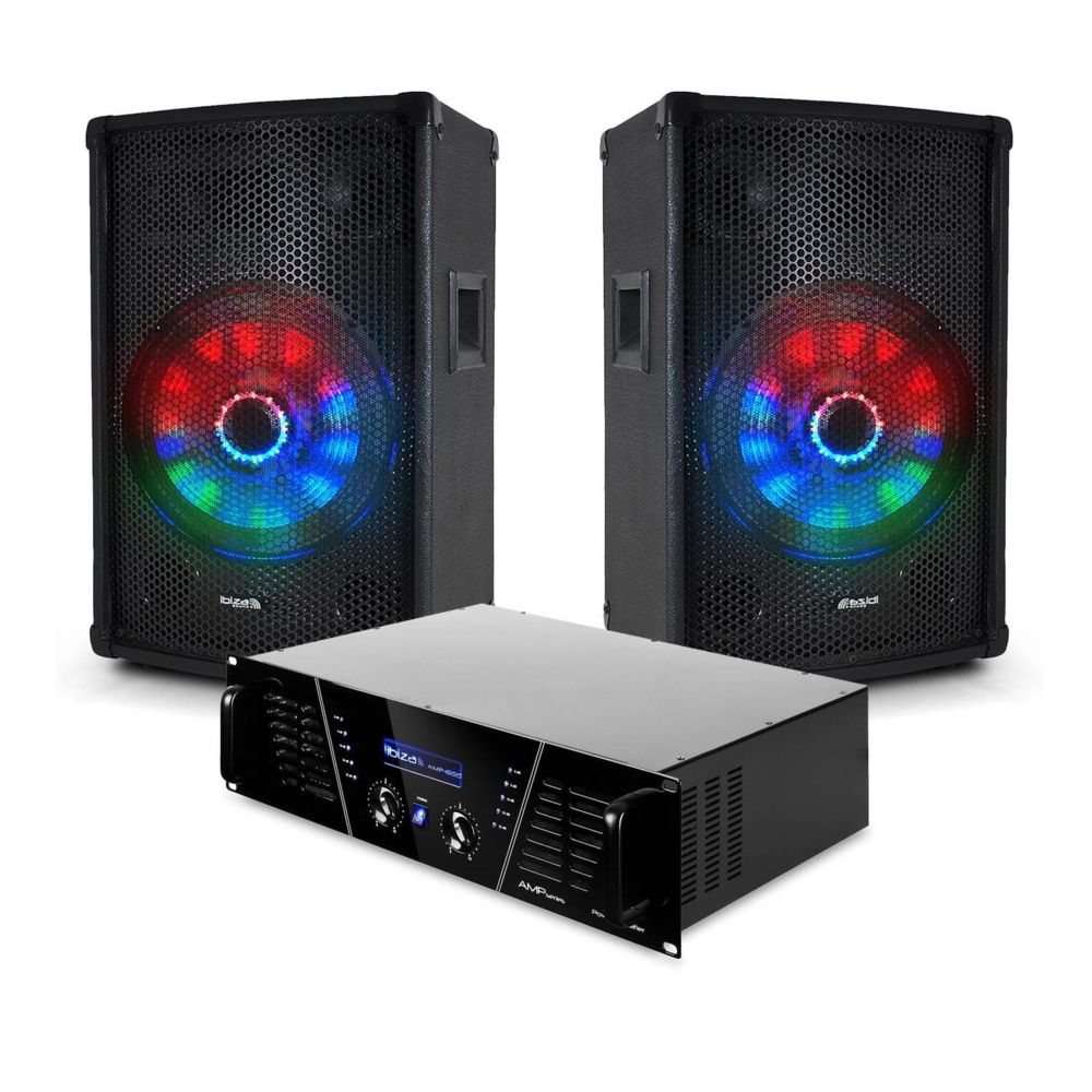 Ibiza Sound - Pack SONO DJ PA Enceintes XLED-10 500W à LEDs + Amplificateur AMP300 + Câbles - Packs sonorisation