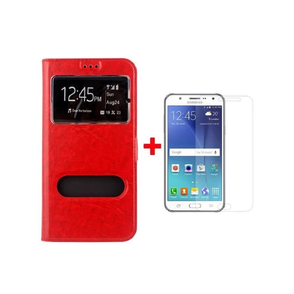 marque generique - Film verre trempé HD + Housse Etui Coque Pochette Rouge Samsung Galaxy J7 2017 - Coque, étui smartphone