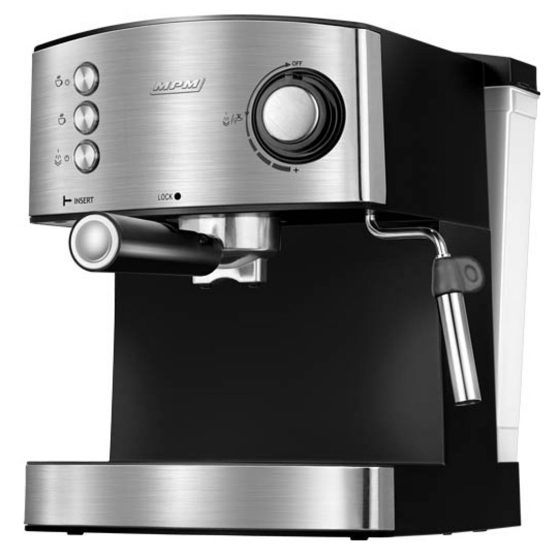 Mpm - Machine à Espresso Manuelle 20 Bars,1,7 L, Buse Vapeur à Lait, Chauffe -Tasses 850W Noir/Argent MPM MKW-06M - Expresso - Cafetière
