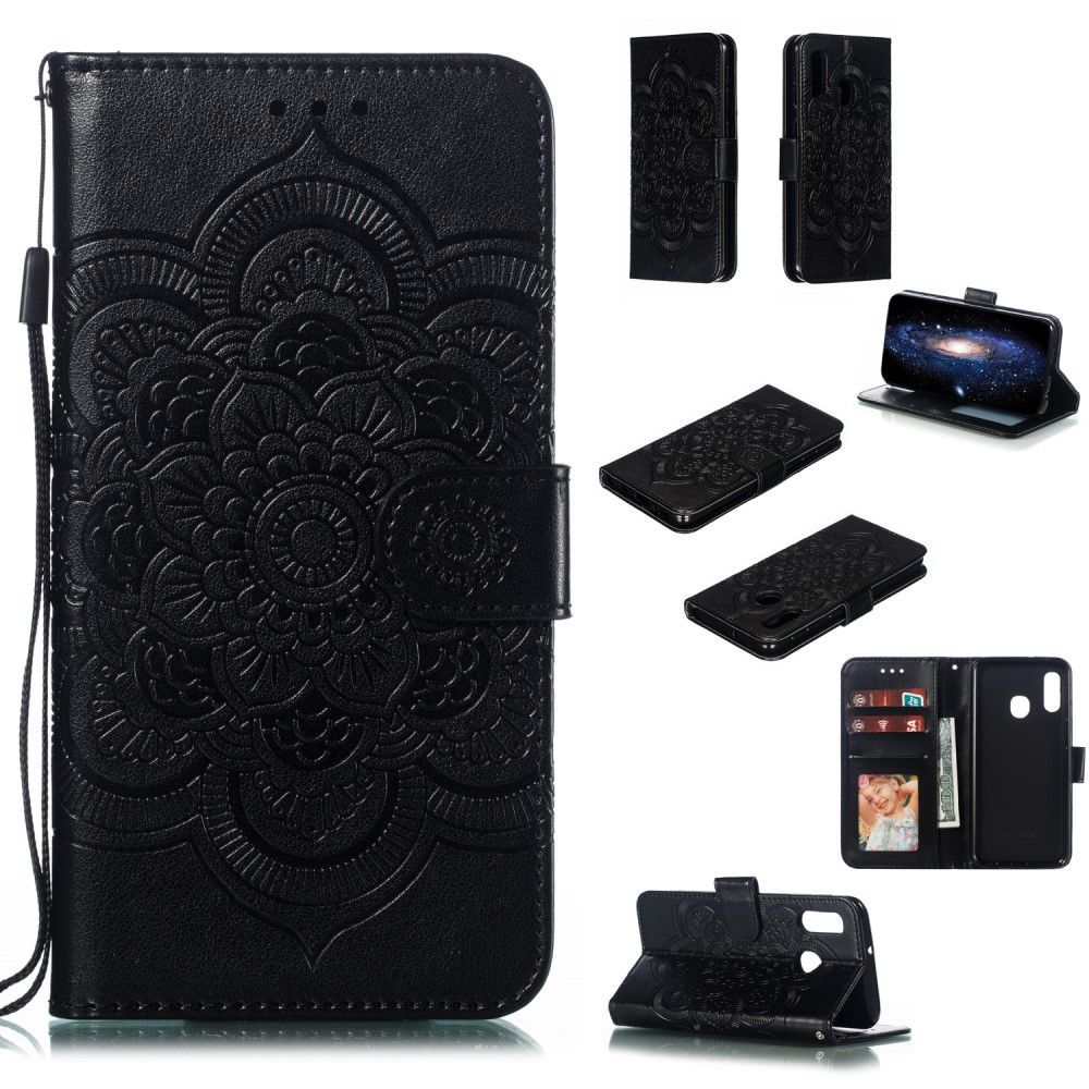 marque generique - Etui en PU fleurs de mandala avec support noir pour votre Samsung Galaxy A20e - Coque, étui smartphone