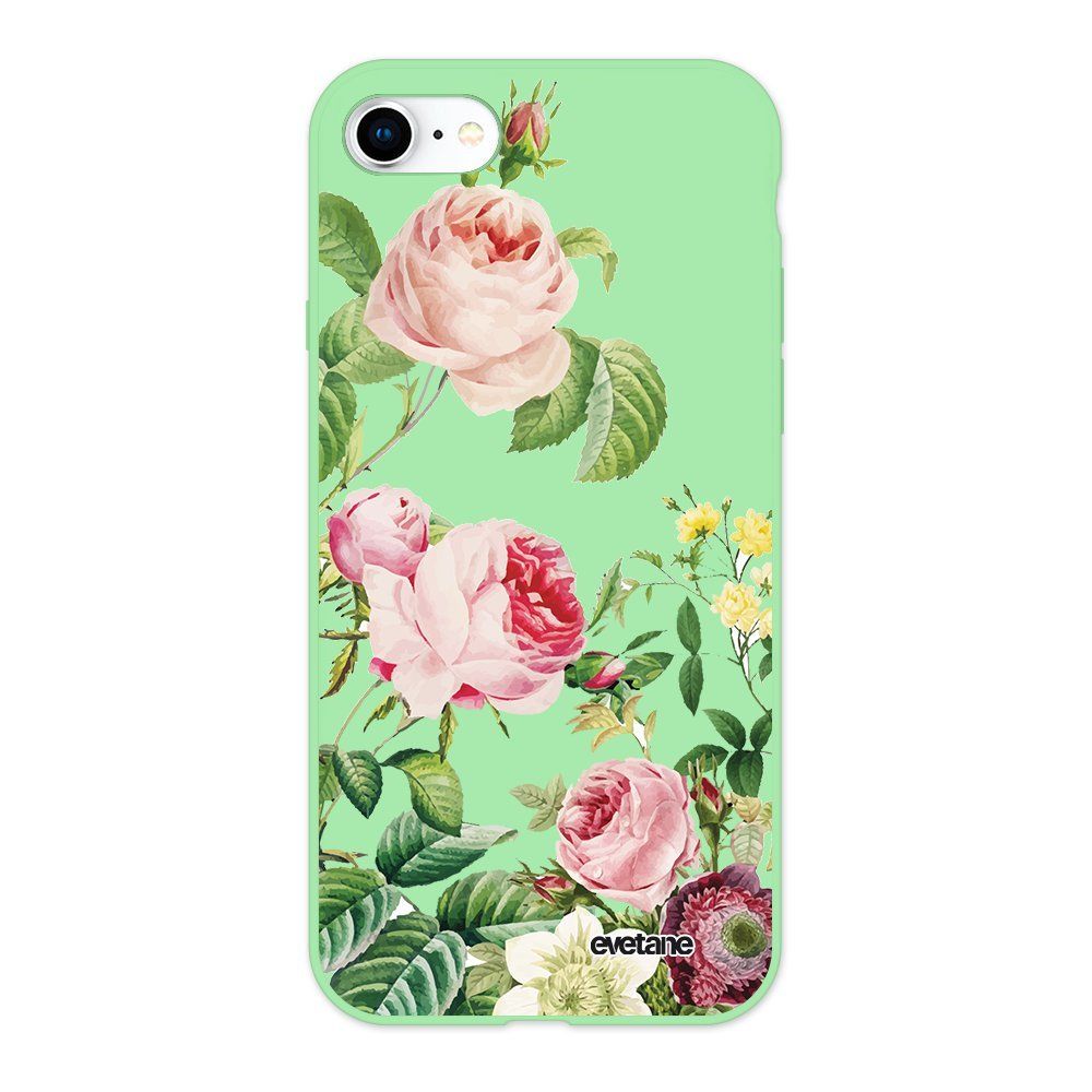 Evetane - Coque iPhone 7/8/ iPhone SE 2020 Silicone Liquide Douce vert pâle Motifs Roses Ecriture Tendance et Design Evetane - Coque, étui smartphone