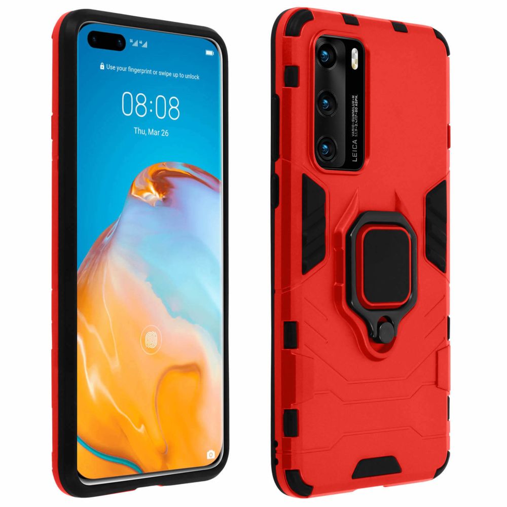 Avizar - Coque Huawei P40 Bi-matière Bague Métallique Support Vidéo Rouge - Coque, étui smartphone