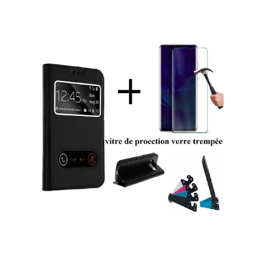 marque generique - Film Verre + Housse Etui fenetre Noir pour Huawei P30 + 1 Support - Coque, étui smartphone