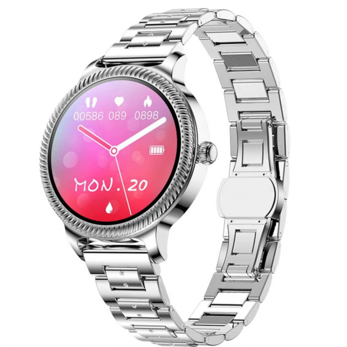 Chronotech Montres - Chronus Ladies Smart Watch Metal Strap Round HD Touch Screen Bluetooth Music Player Sleep Monitoring IP68 Waterproof (Silver) - Montre connectée