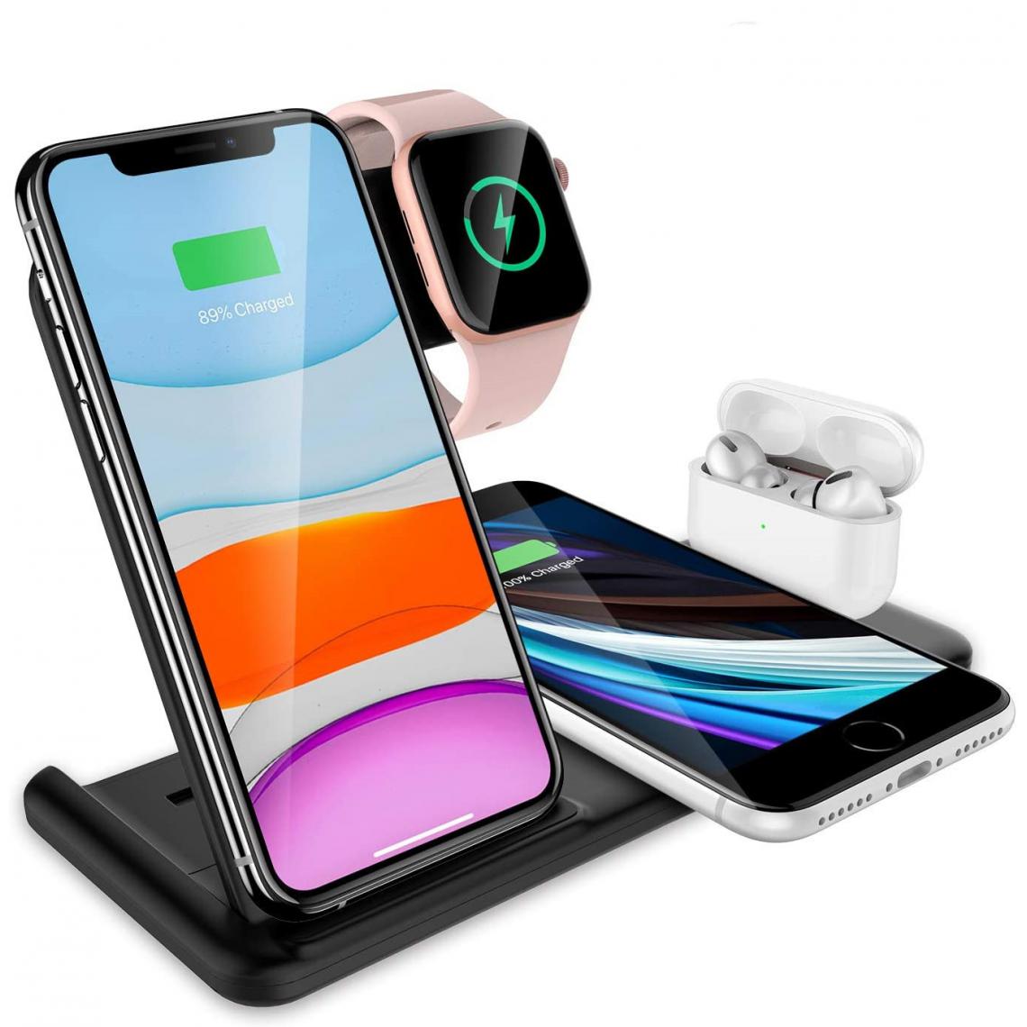Chrono - Station de charge sans fil 4 en 1, support de charge rapide certifié Qi 15W compatible avec iPhone 12/12 Pro/12 Pro Max/11/11 Pro Max, Apple Watch, AirPods Pro,(noir) - Chargeur secteur téléphone
