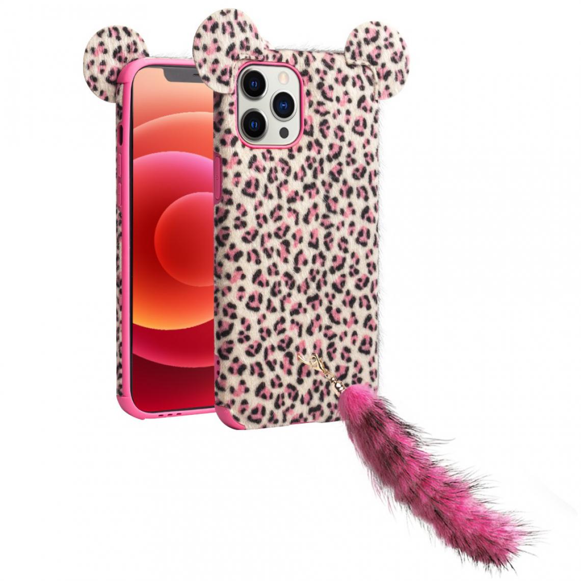 Qialino - Coque en TPU peluche peau de léopard enduite avec oreille et queue en peluche rose pour votre Apple iPhone 12/12 Pro - Coque, étui smartphone