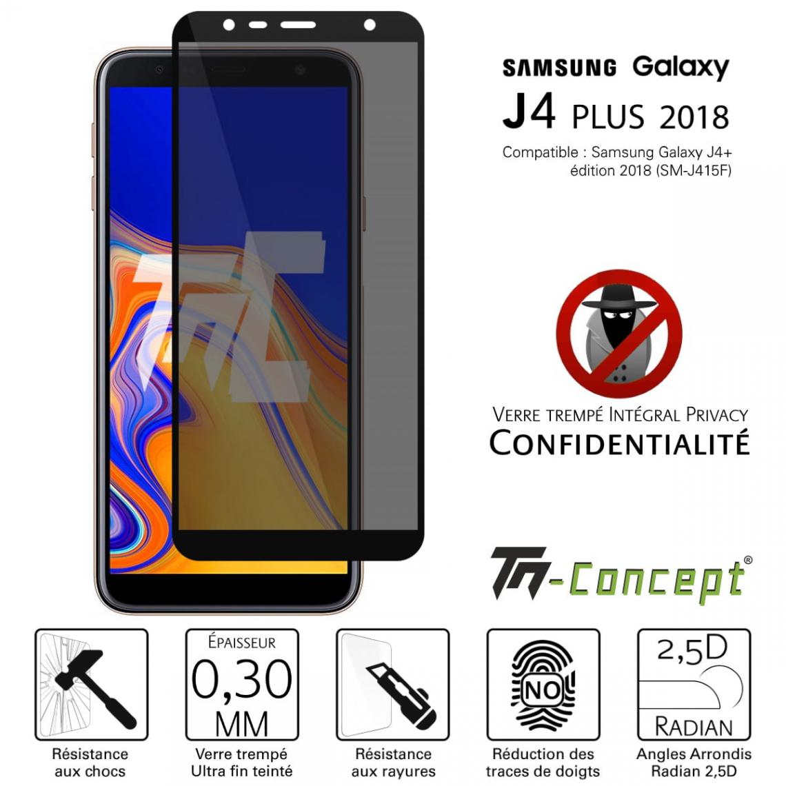 Tm Concept - Verre trempé teinté - Samsung Galaxy J4 Plus (2018) Noir intégral - TM Concept® - Protection écran smartphone