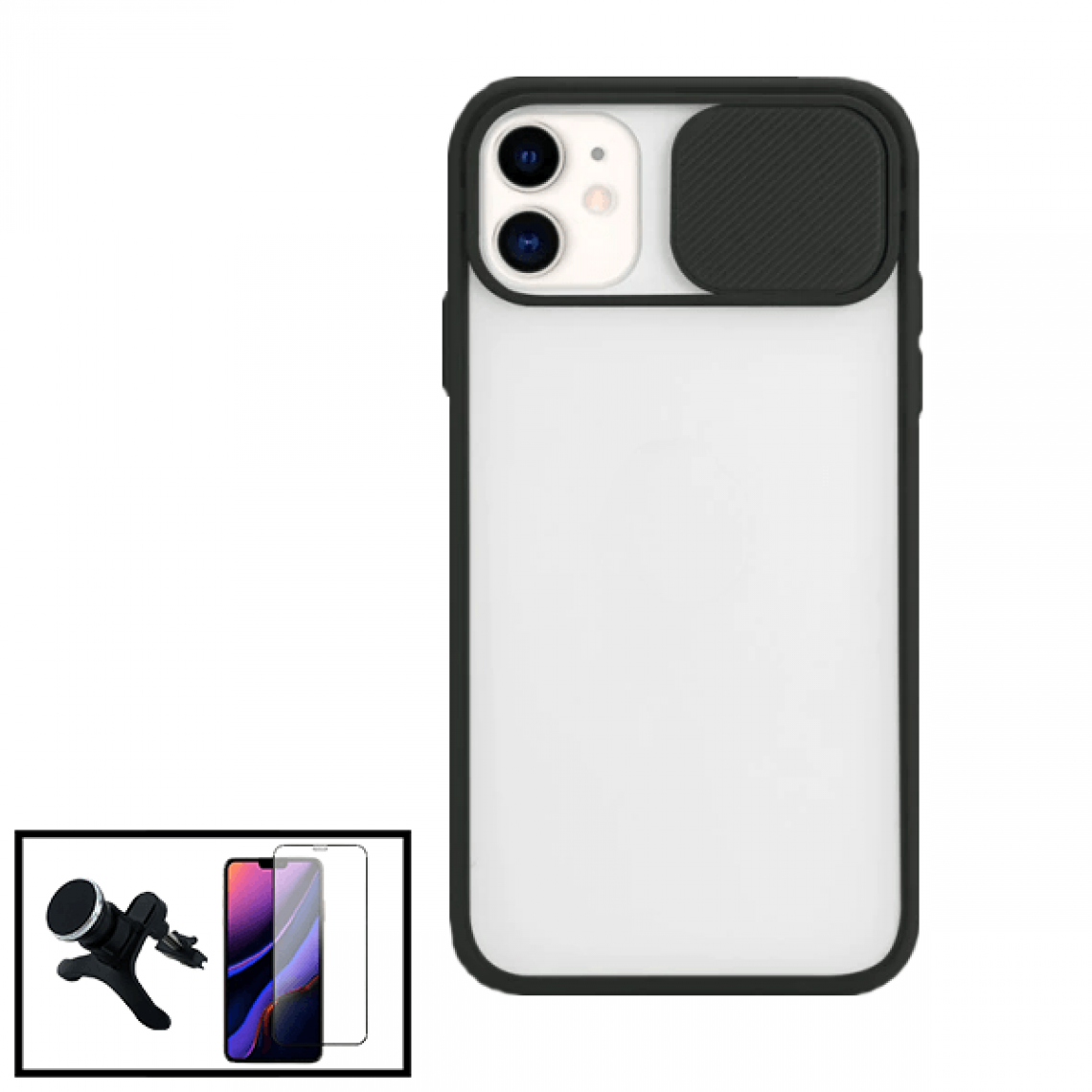 Phonecare - Kit Coque avec fenetre anti-choc mat + Film de Verre Trempé 5D à Couverture Complète + Support Magnétique de Voiture Renforcé pour iPhone 12 Mini - noir - Coque, étui smartphone