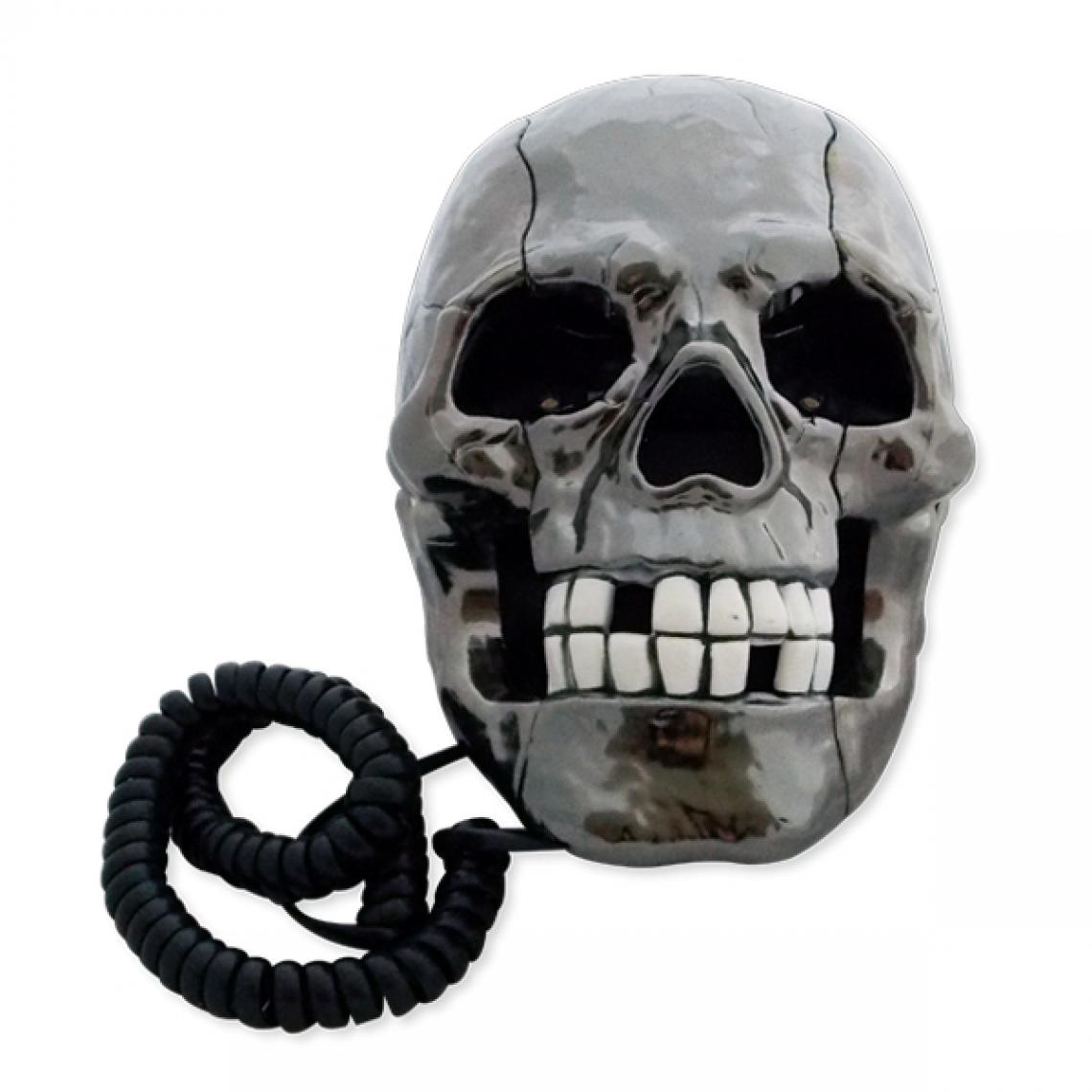 Totalcadeau - Téléphone filaire fixe tête de mort lumineuse blanc - Téléphone fixe filaire
