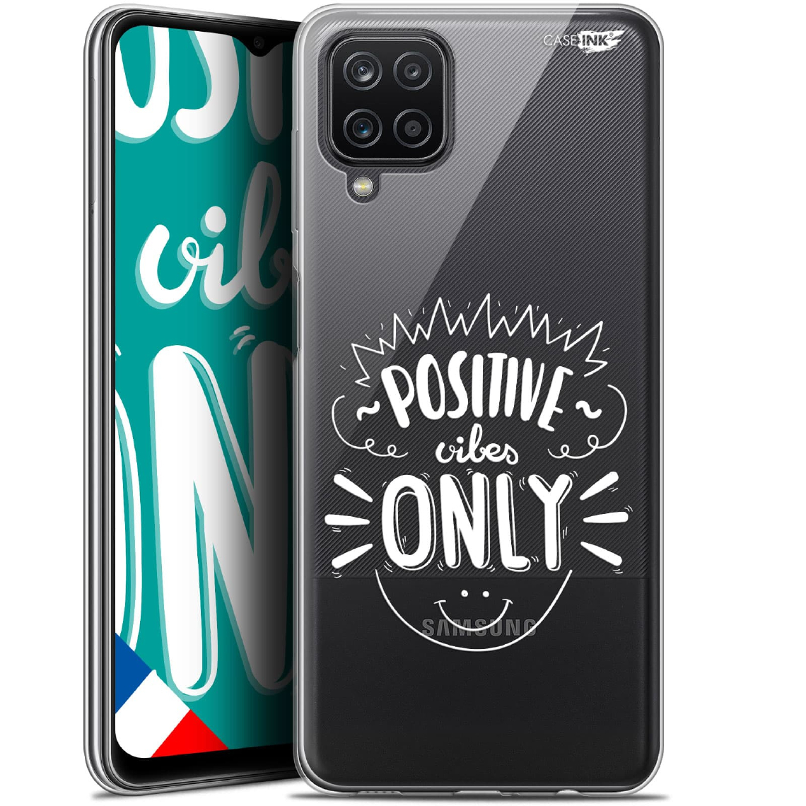 Caseink - Coque arrière Samsung Galaxy A12 (6.5 ) Gel HD [ Nouvelle Collection - Souple - Antichoc - Imprimé en France] Positive Vibes Only - Coque, étui smartphone