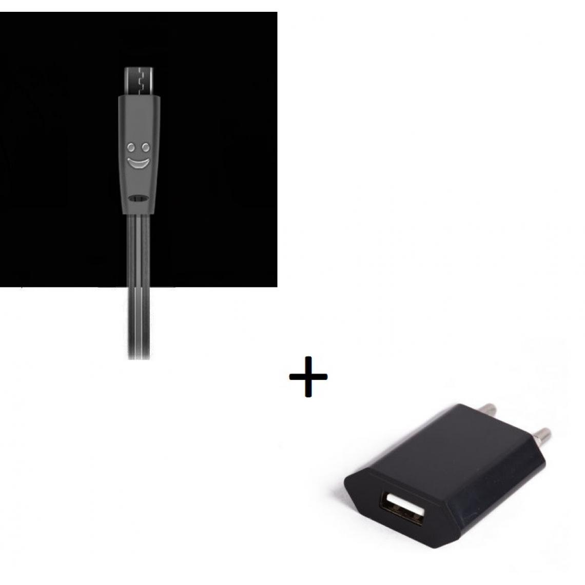 Shot - Pack Chargeur pour HUAWEI P smart+ 2019 Smartphone Micro USB (Cable Smiley LED + Prise Secteur USB) Android (NOIR) - Chargeur secteur téléphone