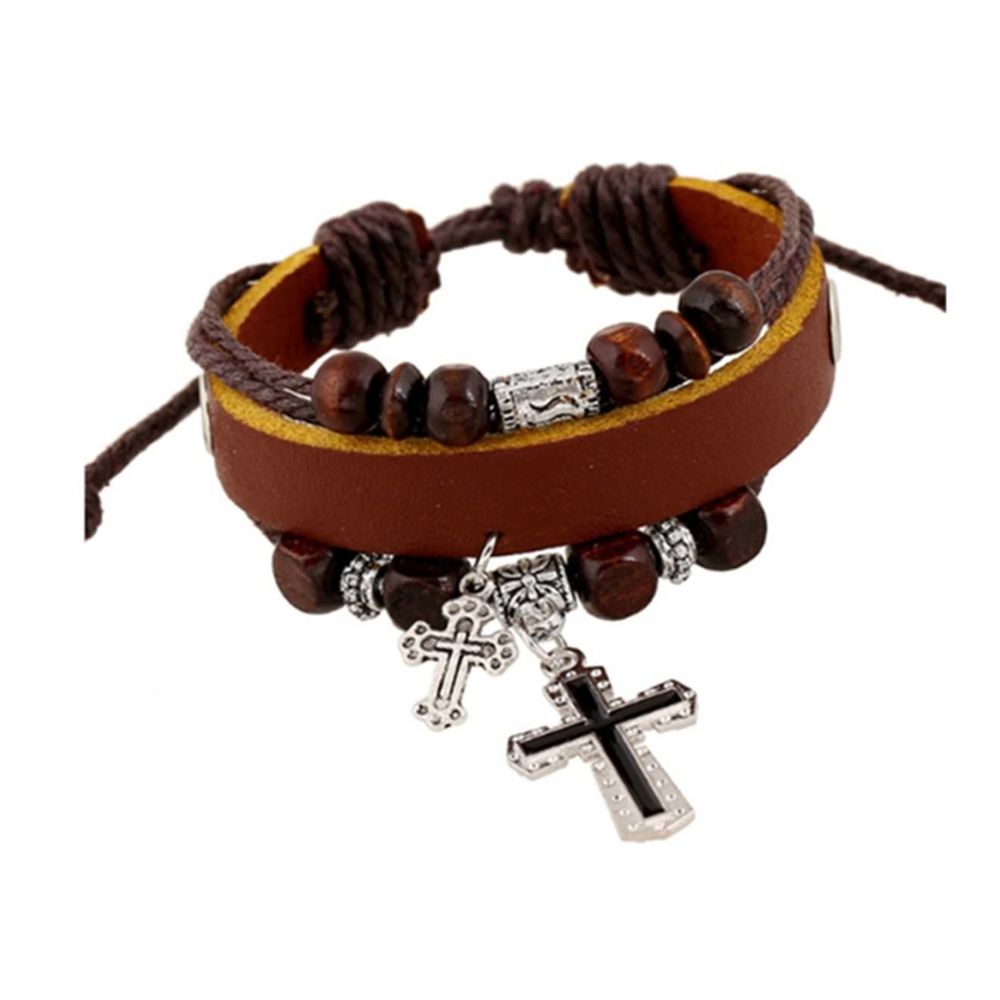 marque generique - YP Select Bois Coloré Perlé Croix Religieux Charme Wrap Bracelet Brun Clair - Bracelet connecté