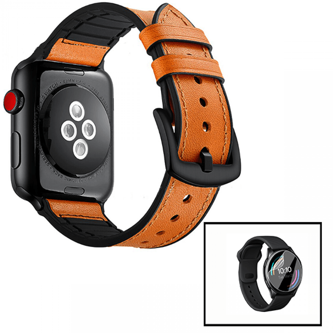 Phonecare - Kit Bracelet Premium Classic en Cuir et Silicone + Film Hydrogel pour Apple Watch Series 7 - 41mm - marron / noir - Autres accessoires smartphone