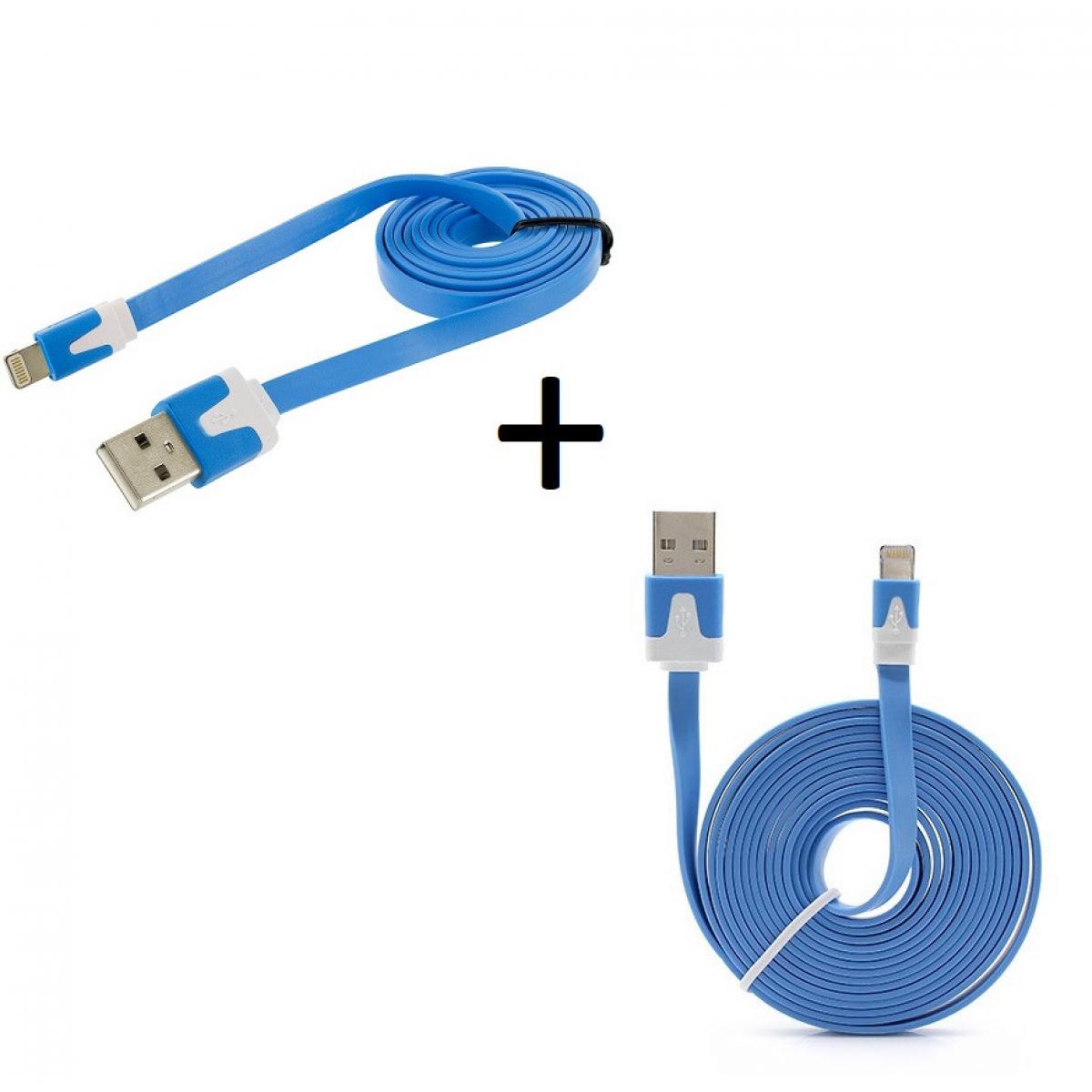 Shot - Pack Chargeur pour "IPHONE 12 Pro" Lightning (Cable Noodle 3m + Cable Noodle 1m) USBIOS (BLEU) - Chargeur secteur téléphone