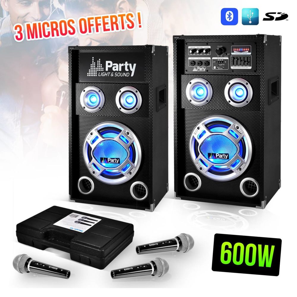 Party Light & Sound - Système karaoké 2 enceintes à LEDs 2 voies 12""/30cm 600W BT/USB/SD + Kit malette de 3 MIC - Packs sonorisation