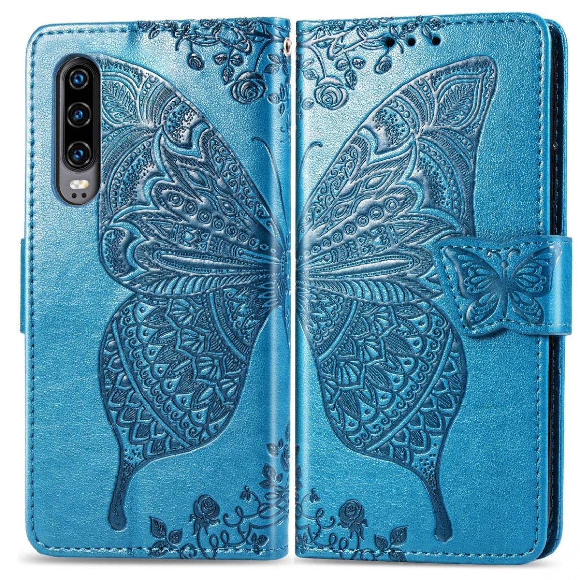 Wewoo - Housse Étui Coque en cuir à rabat horizontal Butterfly Love Flowers pour Huawei P30avec porte-cartes et porte-cartesportefeuille et lanière bleu - Coque, étui smartphone