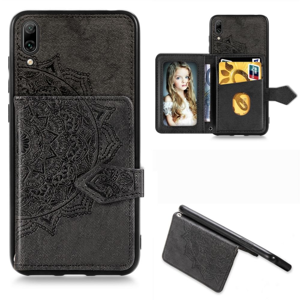 Wewoo - Coque Pour Huawei Enjoy 9 Mandala Embossed Magnetic Cloth PU + TPU + PC Case with Holder & Card Slots & Wallet & Photo Frame & Strap Black - Coque, étui smartphone