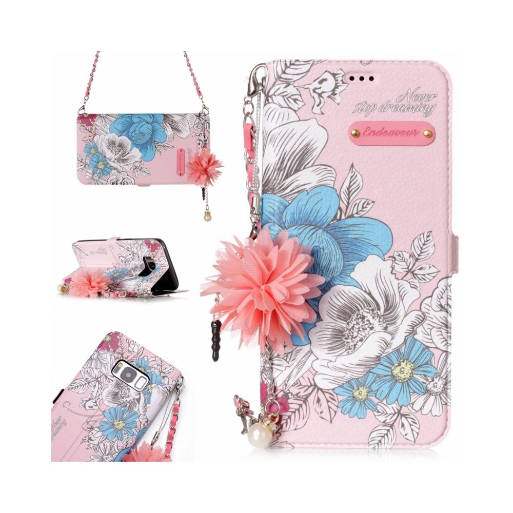 Wewoo - Housse Étui rose pour Samsung Galaxy S8 fond Bleu motif horizontal en cuir avec porte-cartes et fentes cartes fleur perle ornement chaîne - Coque, étui smartphone