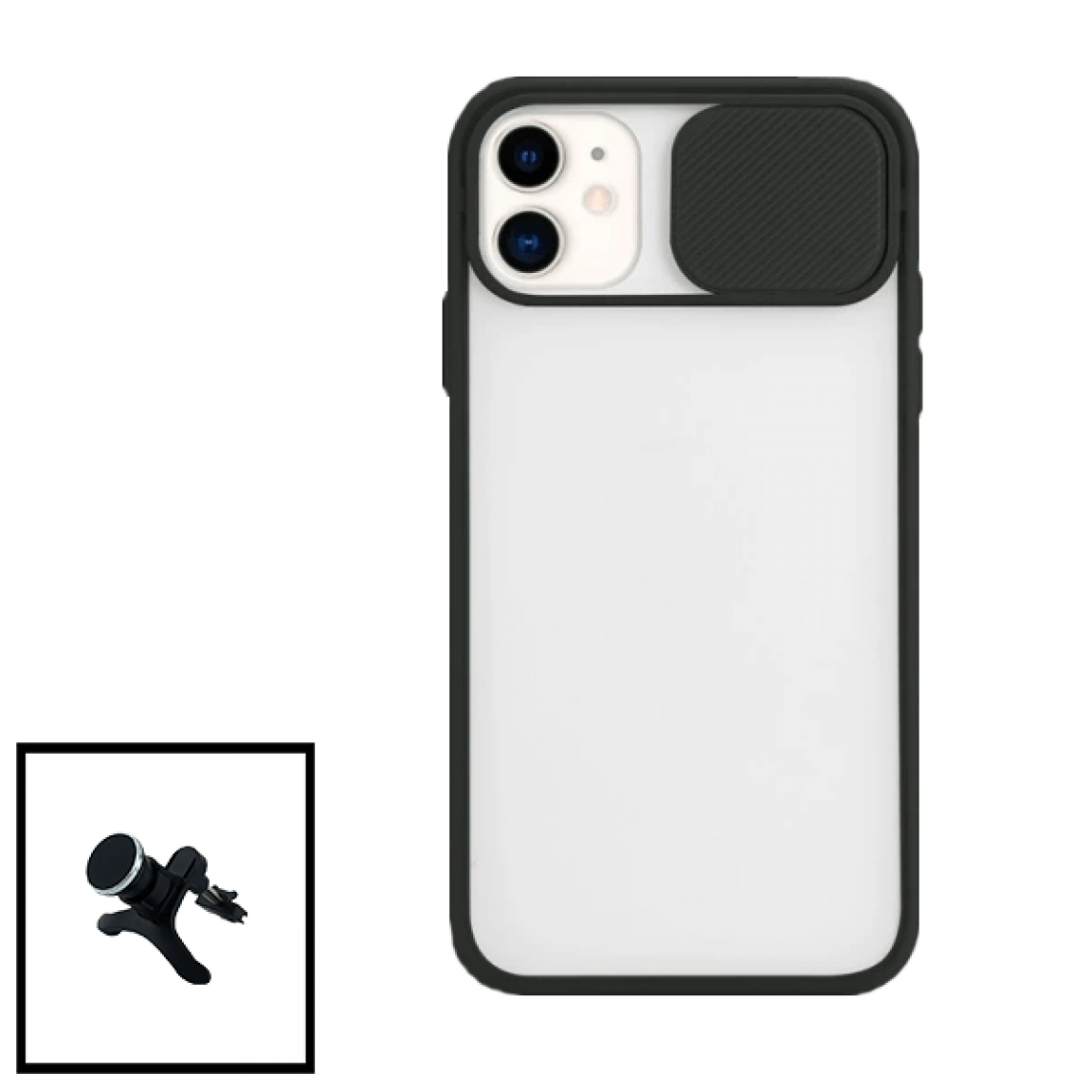 Phonecare - Kit Coque avec fenetre anti-choc mat + Support Magnétique de Voiture Renforcé pour iPhone 11 - noir - Coque, étui smartphone