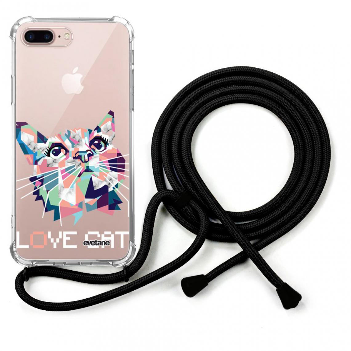 Evetane - Coque iPhone 7 Plus /8 Plus coque avec cordon transparente Cat pixels - Coque, étui smartphone