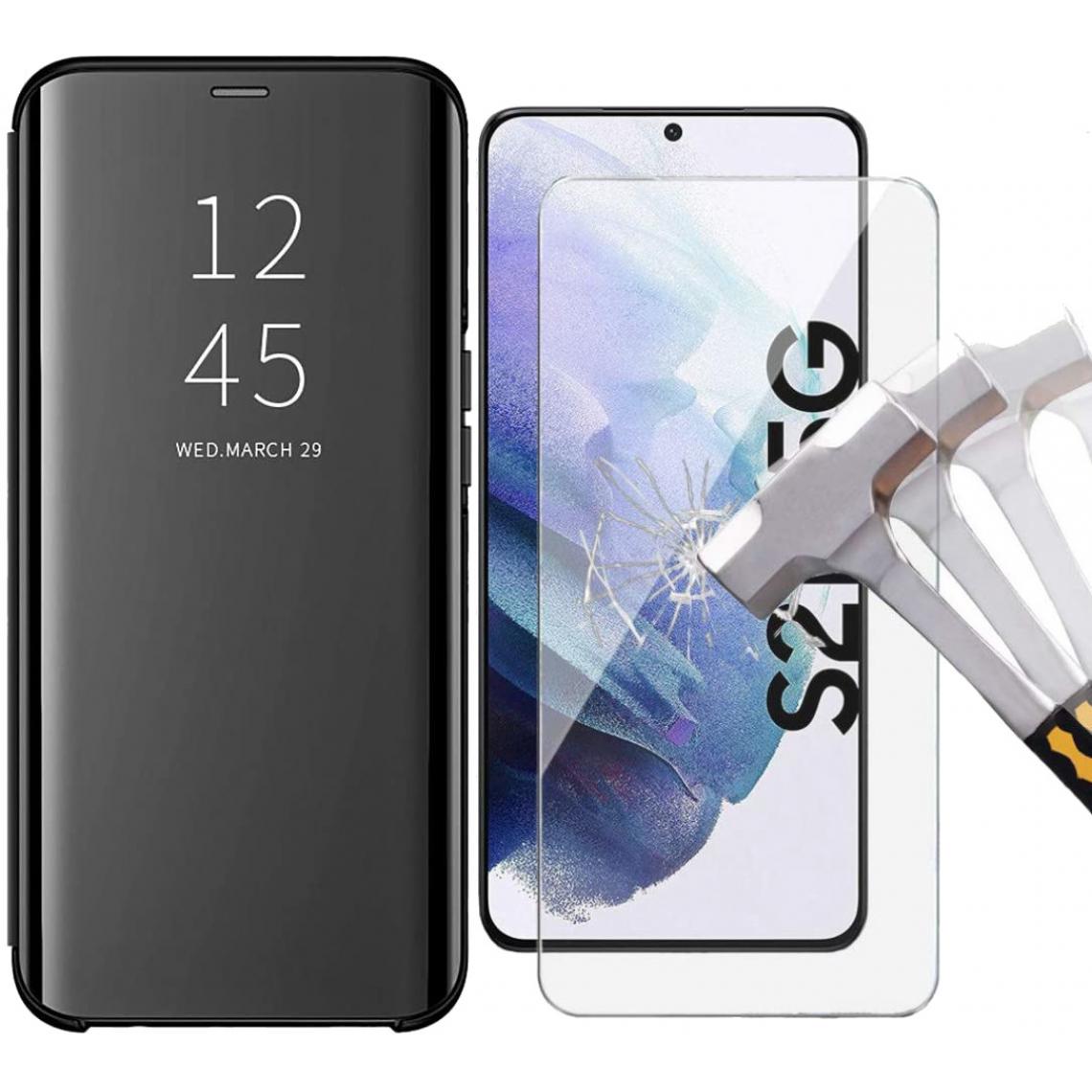 Little Boutik - Coque Folio Rabat Miroir Noir + Verre Trempe Pour Samsung Galaxy S21 5G Little Boutik ? Couleur : - Coque, étui smartphone
