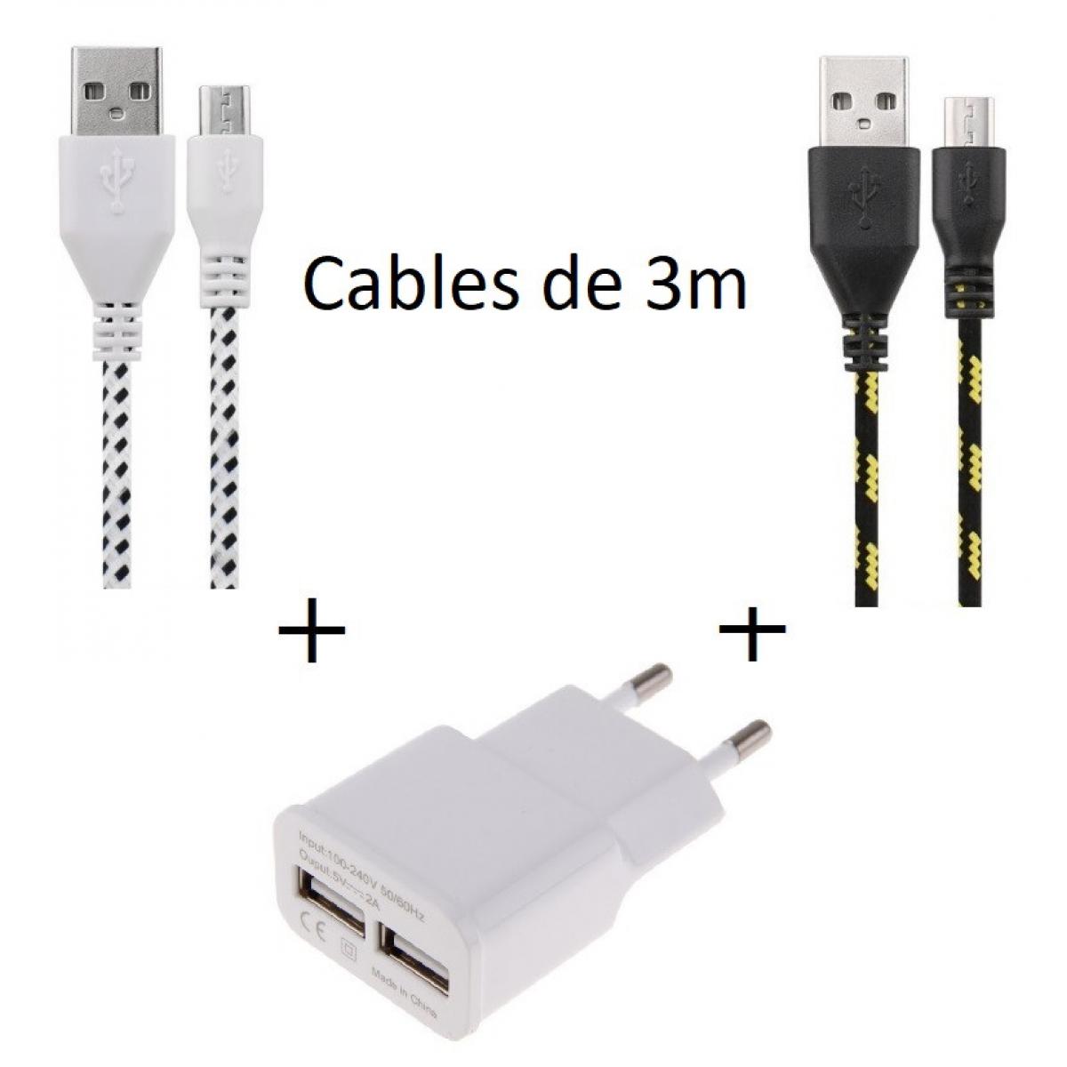 Shot - Pack Chargeur pour XIAOMI Redmi Note 6 Smartphone Android Micro USB (2 Cables Tresse 3m + Prise Secteur Double USB) - Chargeur secteur téléphone