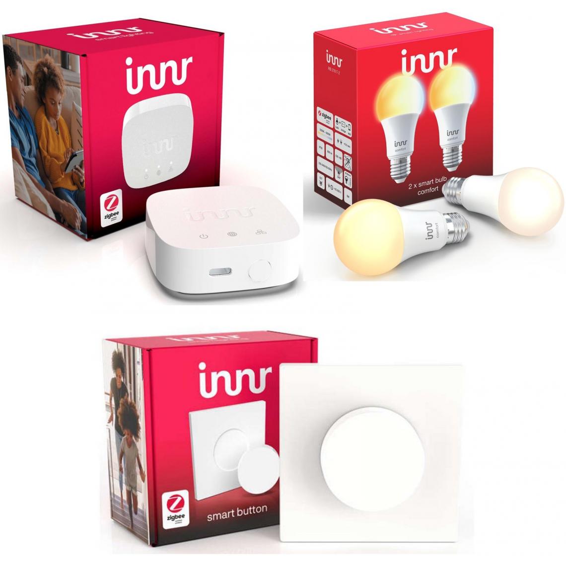 Innr - Kit de démarrage avec 2 ampoules Zigbee E27, 1 bouton intelligent RC210 et un pont ZigBee/Wifi - Box domotique et passerelle