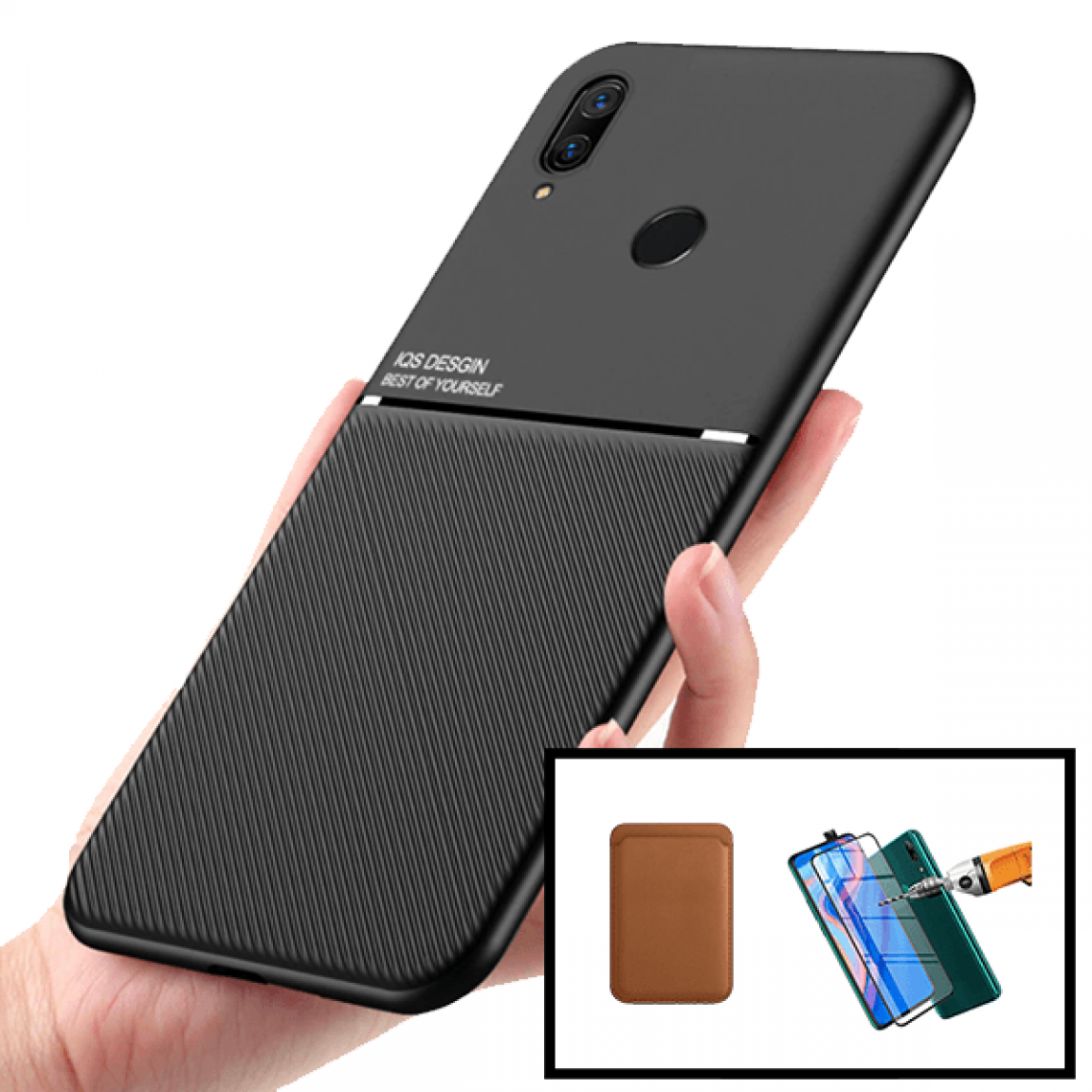 Phonecare - Kit Coque Magnétique Lux + Portefeuille Magnétique Marron + Film de Verre Trempé 5D à Couverture Complète pour Huawei P Smart Z - Coque, étui smartphone