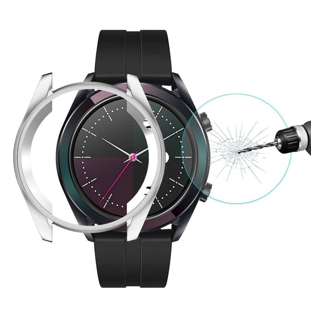 Wewoo - Boîtier de montre Pour HUAWEI Watch GT élégant 42 mm 2 en 1 pleine couverture Coque TPU électroplaqué + 0.2mm 9H 2.15D Film de verre trempé à bord incurvé Argent - Accessoires montres connectées
