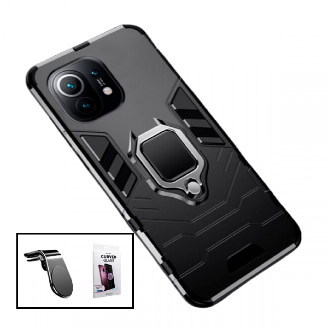 Phonecare - Kit Film Verre Nano Incurvé UV + Coque 3X1 Military Defender + Support Magnétique L Safe Driving pour la Voiture pour Xiaomi Mi 11 - Coque, étui smartphone