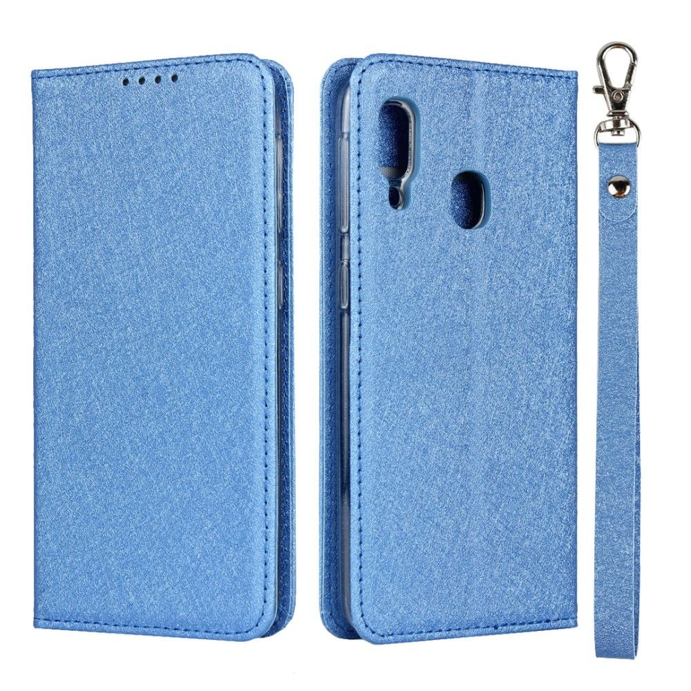 marque generique - Etui en PU soie avec support et sangle bleu pour votre Samsung Galaxy A20e - Coque, étui smartphone
