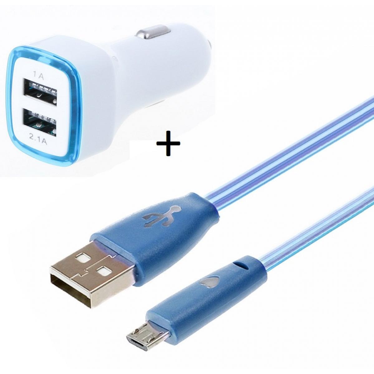 Shot - Pack Chargeur Voiture pour WIKO View 4 Lite Smartphone Micro USB (Cable Smiley + Double Adaptateur LED Allume Cigare) (BLEU) - Chargeur Voiture 12V