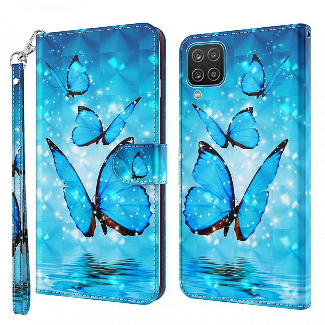 Other - Etui en PU impression de motifs avec support et cordon papillon bleu pour votre Samsung Galaxy A12 - Coque, étui smartphone