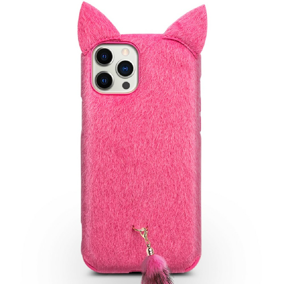 Qialino - Coque en TPU décor enduit de peluche avec une courroie de queue et d'oreilles de chat en peluche rose pour votre Apple iPhone 12 Pro Max - Coque, étui smartphone