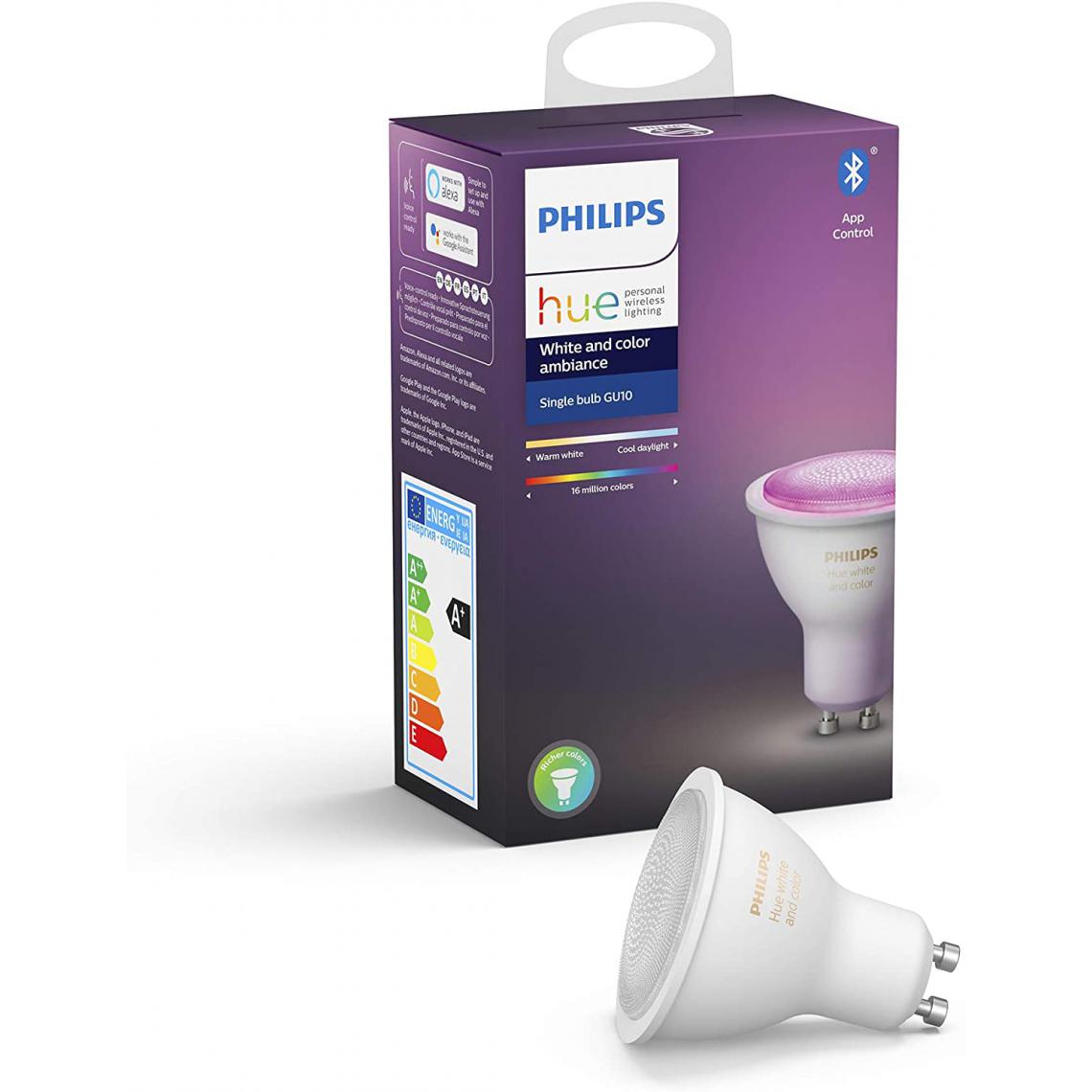Philips - ampoule LED Connectée White & Color Ambiance GU10 Compatible Bluetooth avec fonctionne avec Alexa [Classe énergétique A+] - Lampe connectée