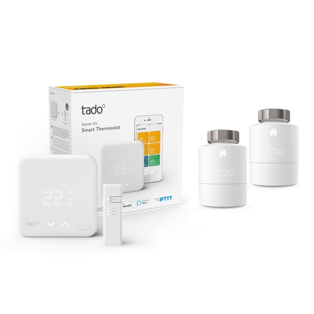 Tado - Kit de démarrage V3+ - Thermostat Intelligent + Bridge Internet + 2 têtes thermostatique - Thermostat connecté