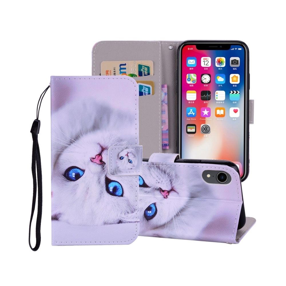 Wewoo - Étui en cuir à rabat horizontal avec dessin coloré et motif de chat blanc pour iPhone XR, avec support et logements pour cartes, portefeuille et lanière - Coque, étui smartphone