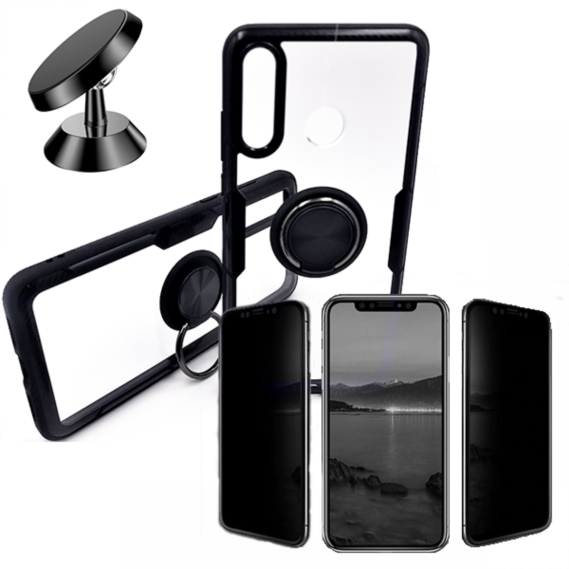 Phonecare - Kit de Verre Trempé 5D Anti-Spy / Intimité + Coque 3x1 Clear Armor + Support Magnétique de Voiture - Huawei P30 Lite New Edition - Coque, étui smartphone
