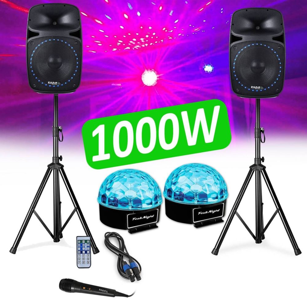 Ibiza Sound - Pack SONO 1000W 15""/38cm KARAOKE Club DJ Ibiza Sound PKG15A-SET- LED/ Radio FM/USB/SD/BLUETOOTH Party +2 Ball6 Festinight - Packs sonorisation