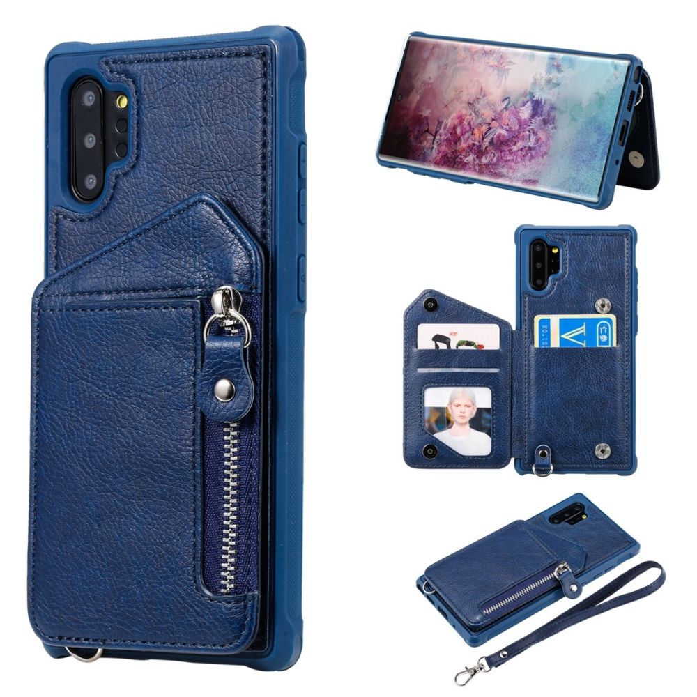 Wewoo - Housse Étui Coque Pour Galaxy Note 10 Plus Dual Buckles Zipper Shockproof Back Cover de protection avec support et fentes cartes et portefeuille et lanière et cadres photo bleu - Coque, étui smartphone