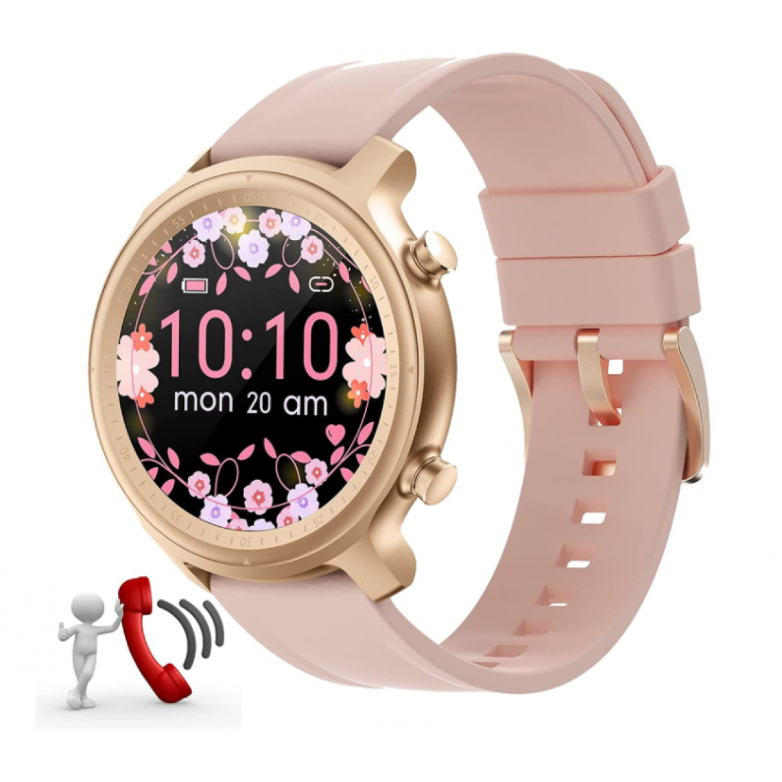 Chronotech Montres - Chronus Women's Smart Watch, Bluetooth Make or Receive Calls, Round Touch Screen Water Resistant Steps Calories Sleep SMS for Android iPhone (Rose) - Montre connectée