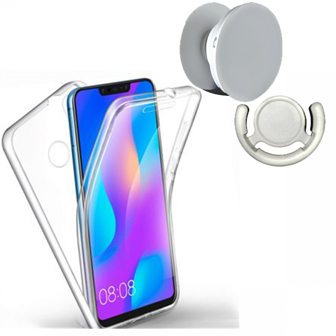 Phonecare - Kit Coque 3x1 360° Impact Protection + 1 PopSocket + 1 Support PopSocket Blanc - Huawei P Smart Plus 2019 - Coque, étui smartphone