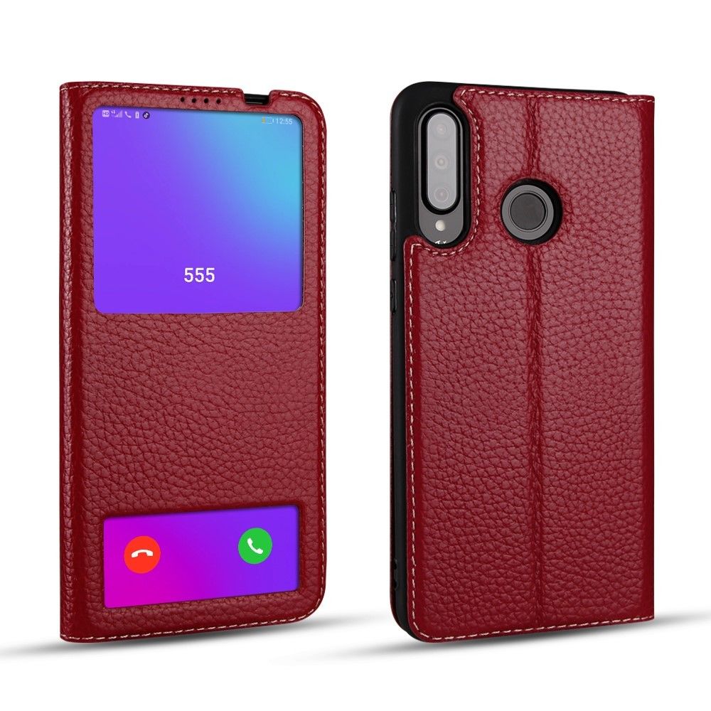 marque generique - Etui en cuir véritable double fenêtre flip rouge pour votre Huawei P30 Lite - Coque, étui smartphone