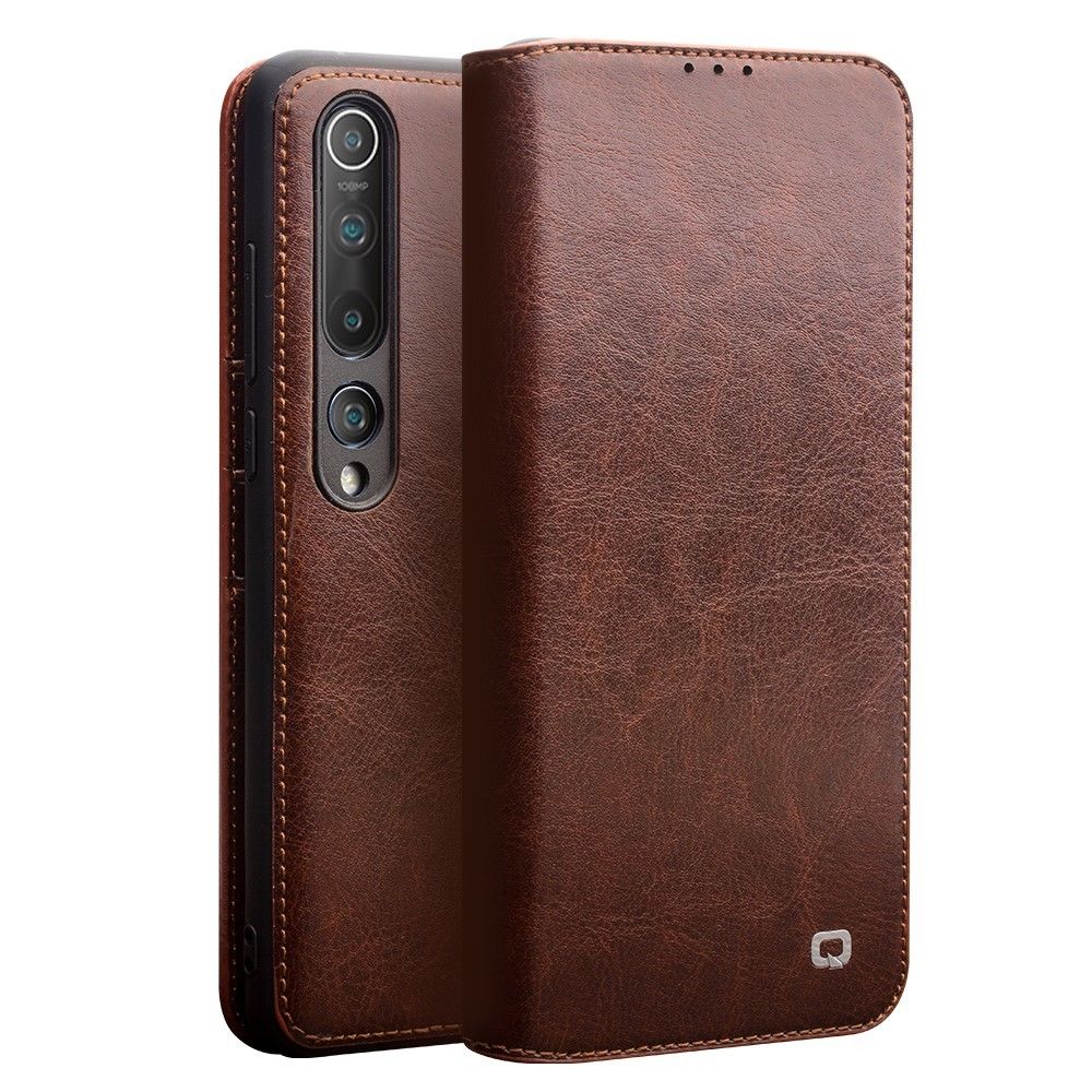 Qialino - Etui en cuir véritable + TPU luxe marron pour votre Xiaomi Mi 10 - Coque, étui smartphone