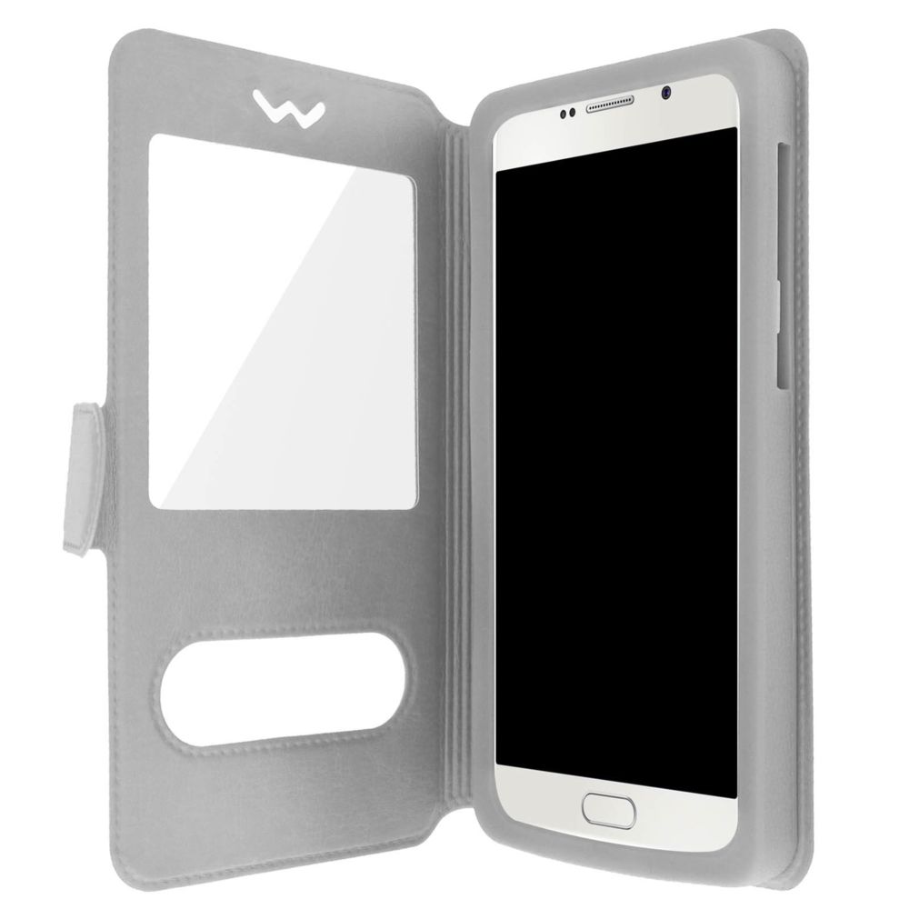Avizar - Housse Etui Folio Universel Smartphone 5.3 à 5.5 pouces - Argent - 2x Fenêtres - Coque, étui smartphone