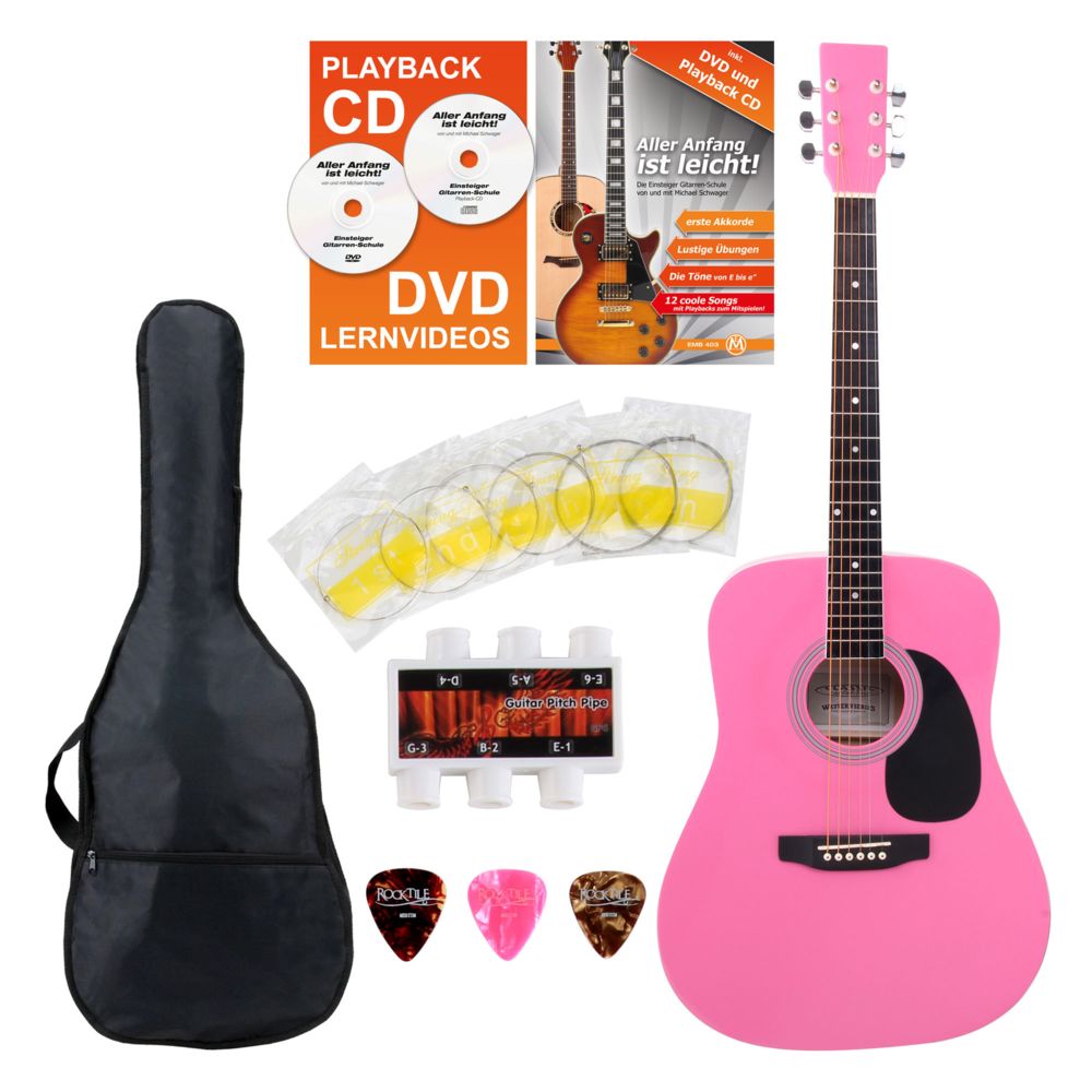 Classic Cantabile - Classic Cantabile guitare acoustique folk set démarrage incl. kit d'accessoires à 5 pièces, rose - Guitares acoustiques