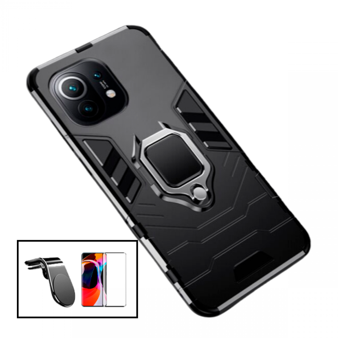 Phonecare - Kit Verre Trempé 5D Full Coque + Coque 3X1 Military Defender + Support Magnétique L Safe Driving pour la Voiture pour Xiaomi Mi 11 - Coque, étui smartphone
