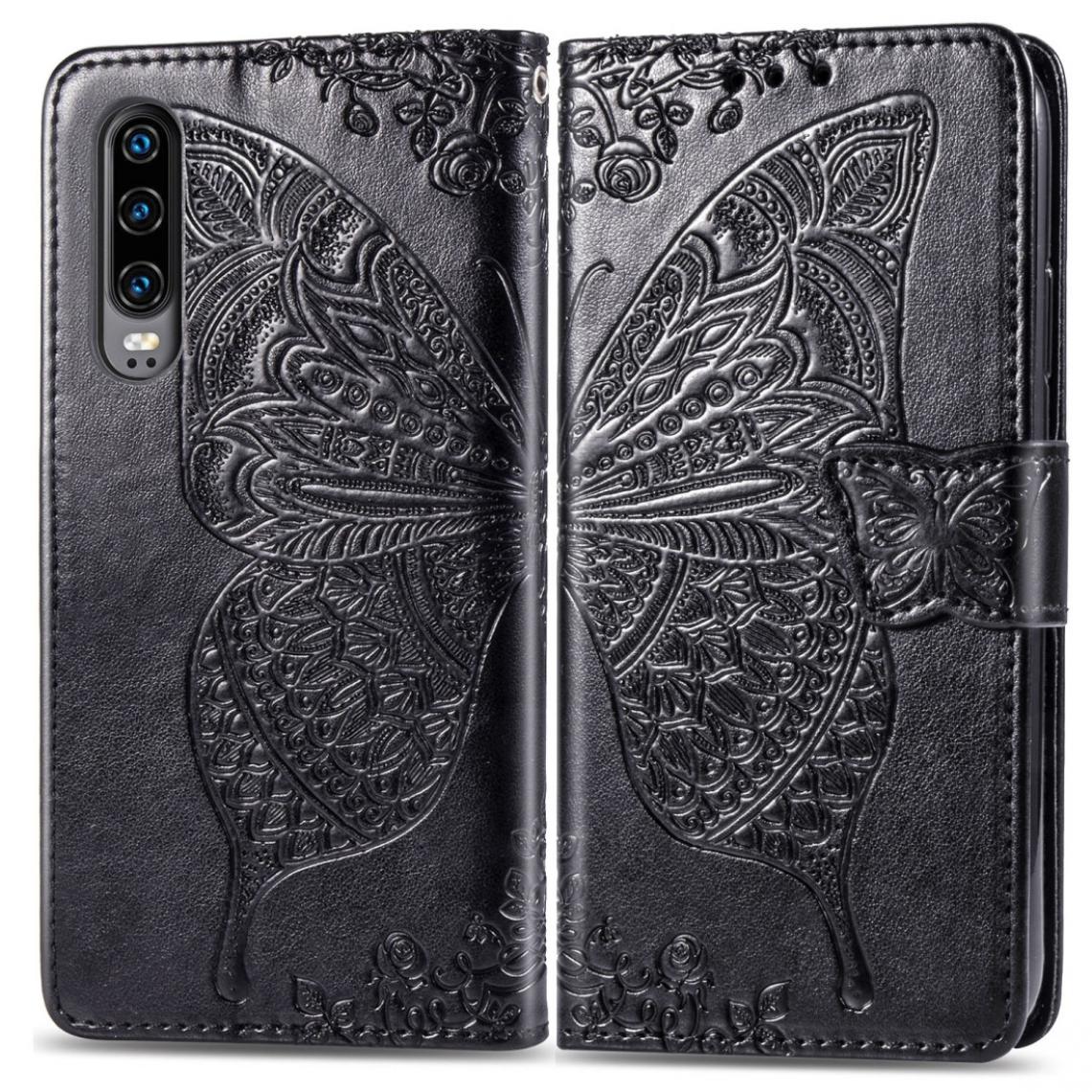 Wewoo - Housse Étui Coque en cuir à rabat horizontal Butterfly Love Flowers pour Huawei P30avec porte-cartes et porte-cartesainsi que portefeuille et lanière noir - Coque, étui smartphone