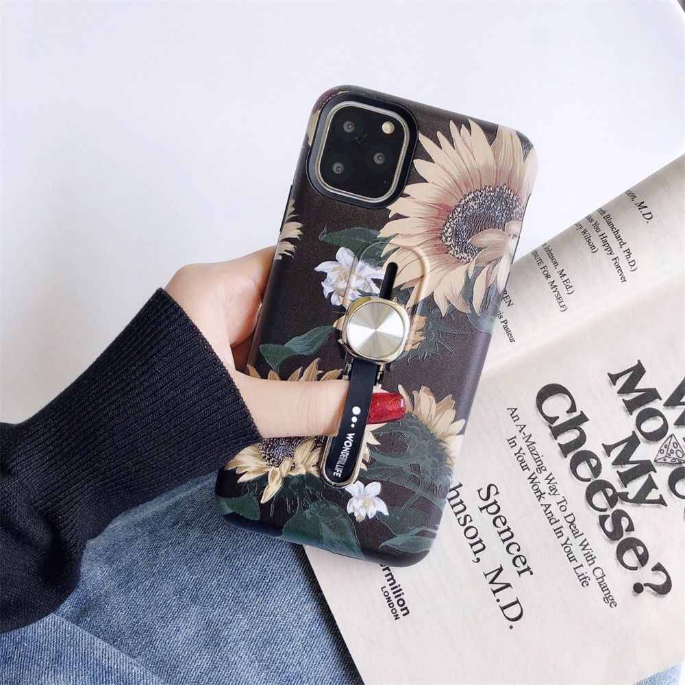 Wewoo - Coque Rigide Pour iPhone 11 Pro Flower Series Peinture Étui de protection porte-bague invisible multifonctionnel antichoc avec feuille magnétique du véhicule Jaune - Coque, étui smartphone